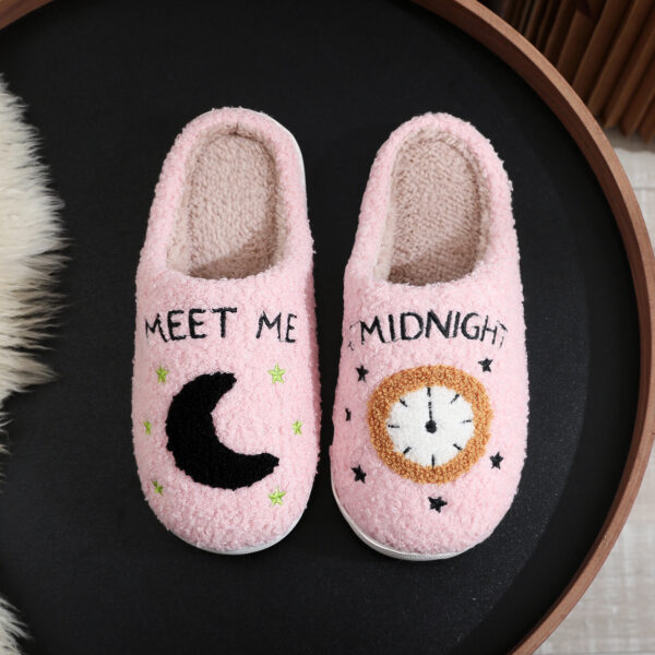 Fashion Moon And Clock Print Home Slippers Winter Warm Floor Bedroom House Shoes For Women - Image 3