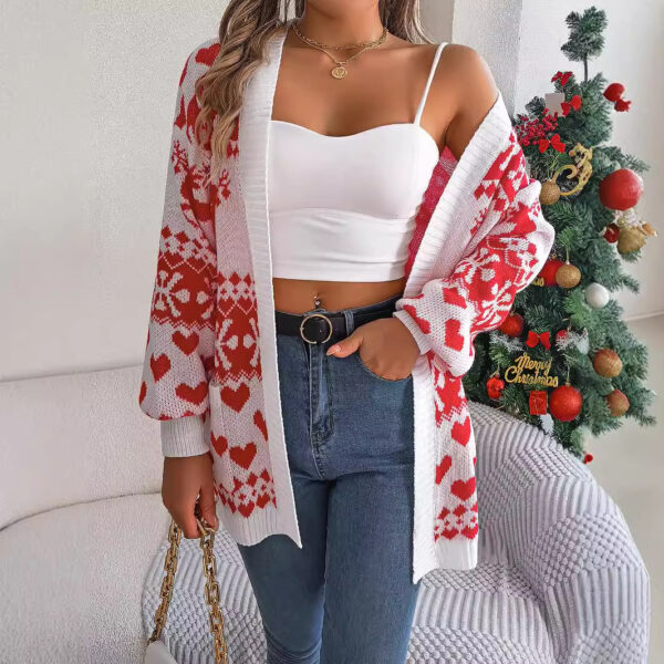 2024 Christmas Clothes Women's Open Front Cardigan Knitwear Lantern Sleeve Xmas Printed Oversized Deer Sweater Pockets Knitted - Image 5