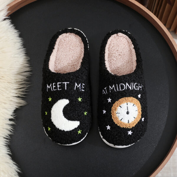 Fashion Moon And Clock Print Home Slippers Winter Warm Floor Bedroom House Shoes For Women - Image 4