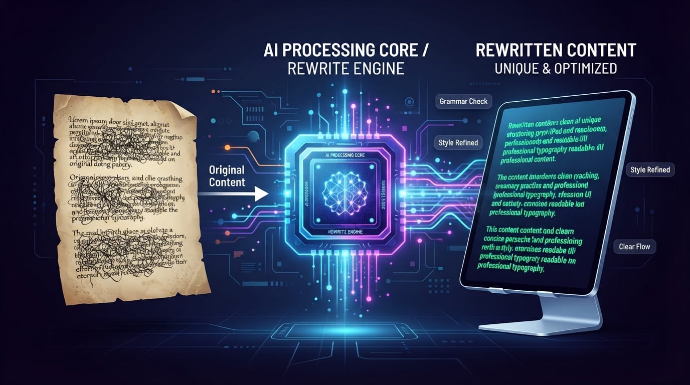 Digital illustration of an AI Sentence Rewriter tool transforming old text into fresh and unique content.