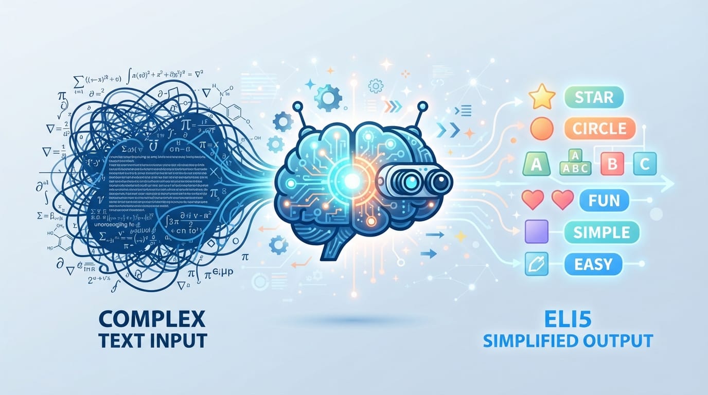 Digital illustration of an ELI5 Text Simplifier converting complex data into simple, easy-to-read concepts.