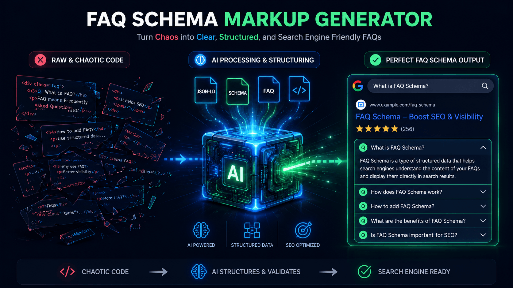 Digital illustration showing an FAQ Schema Markup Generator transforming raw data into beautiful JSON-LD code for rich snippets.