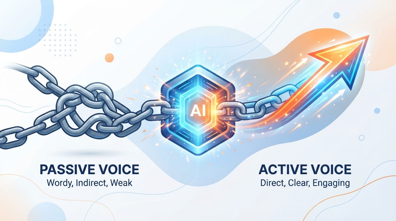Digital illustration of a Passive to Active Voice Converter transforming tangled words into a sharp active arrow
