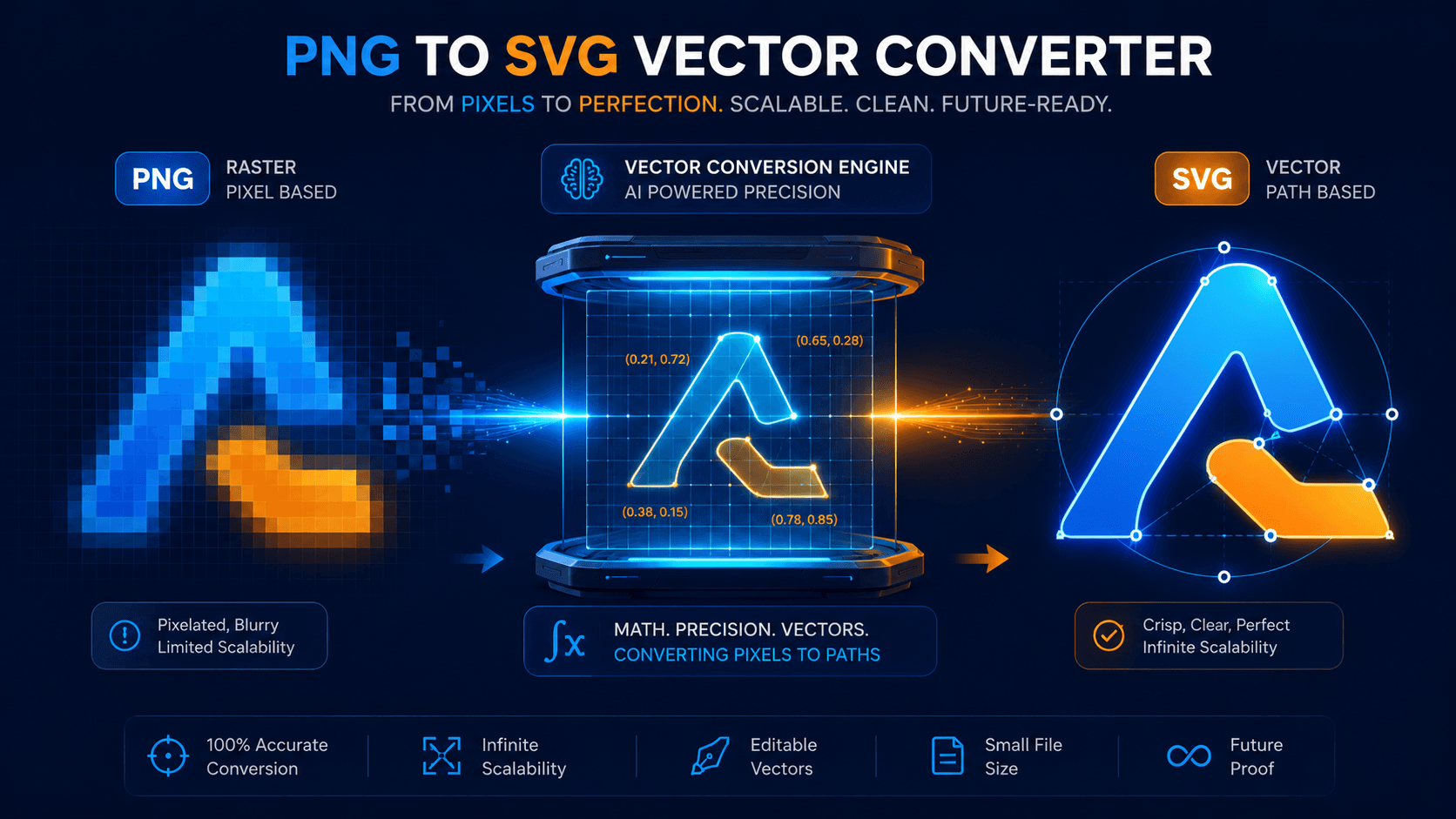 Digital illustration of a PNG to SVG Vector Converter turning a pixelated raster image into clean mathematical vector paths.