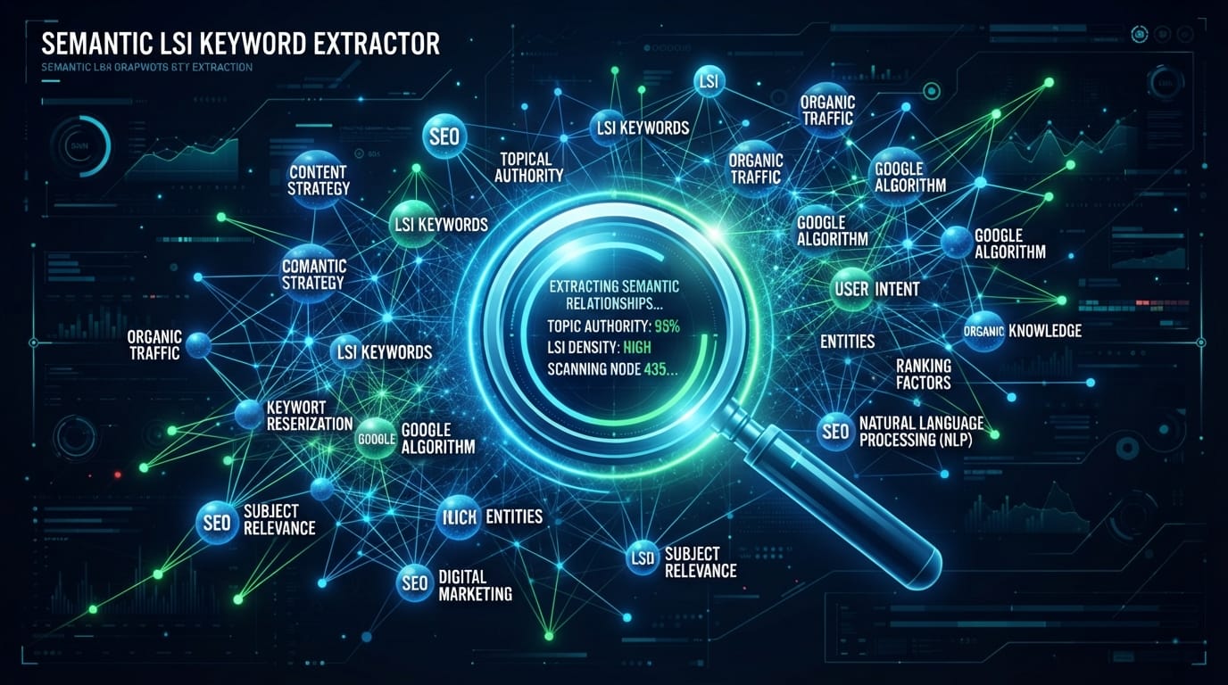Digital illustration of a Semantic LSI Keyword Extractor scanning a network of contextual keywords to improve topical authority.