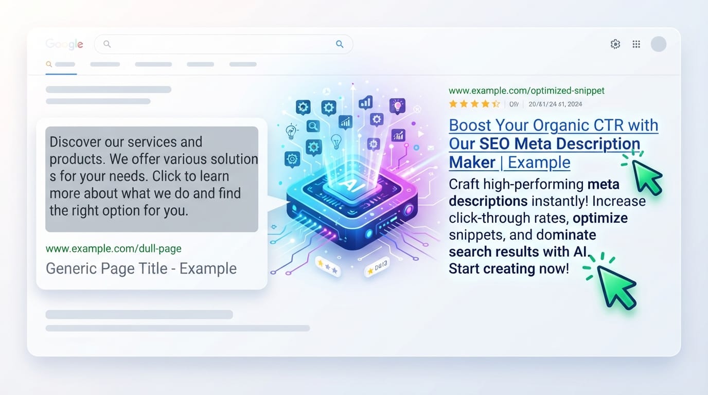 Digital illustration of an SEO Meta Description Maker transforming dull text into a click-worthy search snippet.